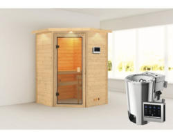 Plug & Play Sauna Karibu Antonia inkl.3,6kW Bio Ofen u.ext.Steuerung mit Dachkranz und bronzierter Ganzglastüre