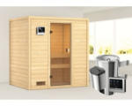 Hornbach Plug & Play Sauna Karibu Selena inkl.3,6 kW Ofen u.ext.Steuerung ohne Dachkranz mit bronzierter Ganzglastüre