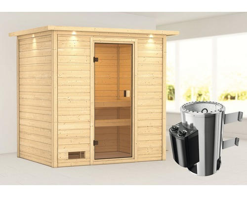 Plug & Play Sauna Karibu Selena inkl.3,6 kW Ofen u.integr.Steuerung mit Dachkranz und bronzierter Ganzglastüre