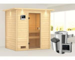 Hornbach Plug & Play Sauna Karibu Selena inkl.3,6 kW Ofen u.ext.Steuerung mit Dachkranz und bronzierter Ganzglastüre