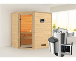 Plug & Play Sauna Karibu Jella inkl.3,6 kW Ofen u.ext.Steuerung ohne Dachkranz mit bronzierter Ganzglastüre