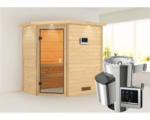 Hornbach Plug & Play Sauna Karibu Jella inkl.3,6 kW Ofen u.ext.Steuerung mit Dachkranz und bronzierter Ganzglastüre