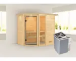 Hornbach Blockbohlensauna Karibu Jada inkl.9 kW Ofen u.integr.Steuerung mit Dachkranz und bronzierter Ganzglastüre