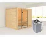 Hornbach Blockbohlensauna Karibu Jutta inkl.9 kW Ofen u.integr.Steuerung ohne Dachkranz mit bronzierter Ganzglastüre