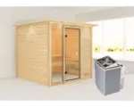 Hornbach Blockbohlensauna Karibu Jutta inkl.9 kW Ofen u.integr.Steuerung mit Dachkranz und bronzierter Ganzglastüre