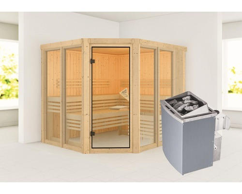 Elementsauna Karibu Mandos 3 inkl. 9 kW Ofen u.integr.Steuerung ohne Dachkranz mit bronzierter Ganzglastüre