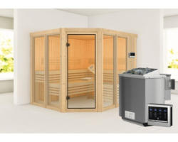 Elementsauna Karibu Mandos 3 inkl. 9 kW Bio Ofen u.ext.Steuerung ohne Dachkranz mit bronzierter Ganzglastüre