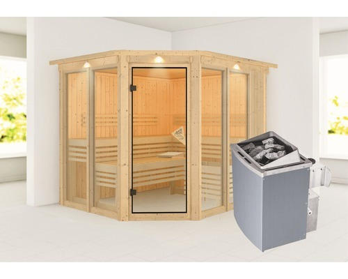 Elementsauna Karibu Mandos 3 inkl. 9 kW Ofen u.integr.Steuerung mit Dachkranz und bronzierter Ganzglastüre