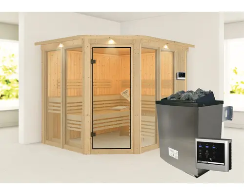 Elementsauna Karibu Mandos 3 inkl. 9 kW Ofen u.ext.Steuerung mit Dachkranz und bronzierter Ganzglastüre