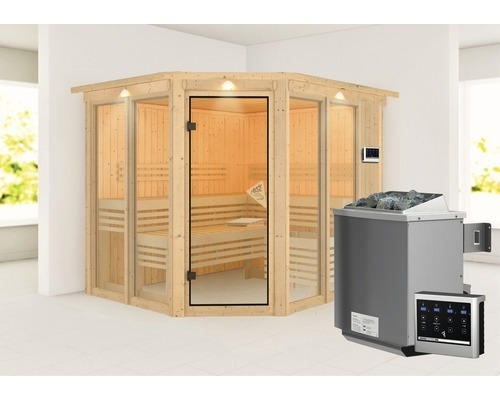 Elementsauna Karibu Mandos 3 inkl. 9 kW Bio Ofen u.ext.Steuerung mit Dachkranz und bronzierter Ganzglastüre