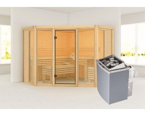 Elementsauna Karibu Armira 2 inkl. 9 kW Ofen u.integr.Steuerung ohne Dachkranz mit Ganzglasfensterfront