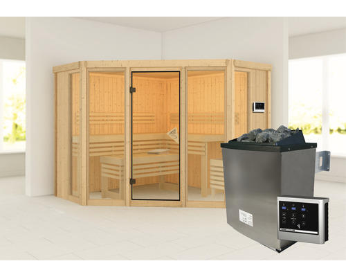 Elementsauna Karibu Armira 2 inkl. 9 kW Ofen u.ext.Steuerung ohne Dachkranz mit Ganzglasfensterfront