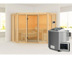 Elementsauna Karibu Armira 2 inkl. 9 kW Bio Ofen u.ext.Steuerung ohne Dachkranz mit Ganzglasfensterfront