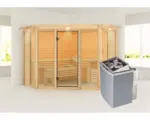 Hornbach Elementsauna Karibu Armira 2 inkl. 9 kW Ofen u.integr.Steuerung mit Dachkranz und Ganzglasfensterfront