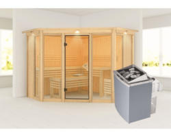 Elementsauna Karibu Armira 2 inkl. 9 kW Ofen u.integr.Steuerung mit Dachkranz und Ganzglasfensterfront