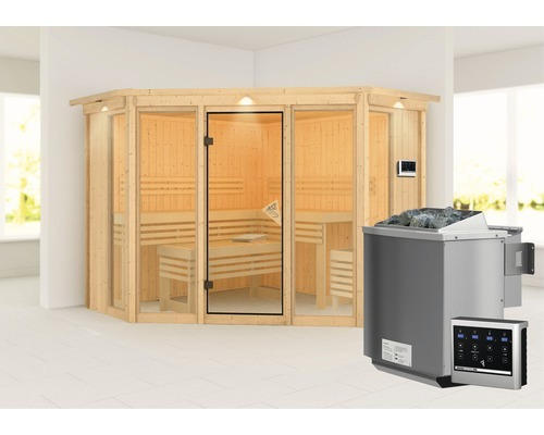 Elementsauna Karibu Armira 2 inkl. 9 kW Bio Ofen u.ext.Steuerung mit Dachkranz und Ganzglasfensterfront