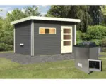 Hornbach Saunahaus Karibu Skrollano 3 inkl.9 kW Ofen u.ext.Steuerung mit Vorraum und Holztüre mit Isolierglas wärmegedämmt terragrau/weiß