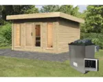 Hornbach Saunahaus Karibu Nordina inkl.9 kW Ofen u.ext.Steuerung mit Vorraum und Holztüre mit Isolierglas wärmegedämmt