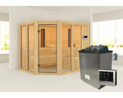 Elementsauna Karibu Avara inkl. 9 kW Ofen u.ext.Steuerung ohne Dachkranz mit bronzierter Ganzglastüre