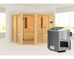 Elementsauna Karibu Avara inkl. 9 kW Bio Ofen u.ext.Steuerung ohne Dachkranz mit bronzierter Ganzglastüre