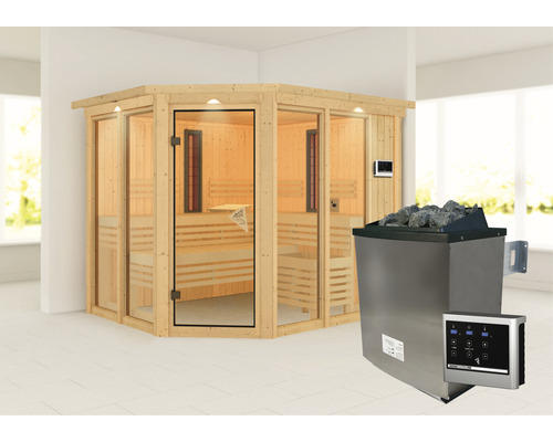 Elementsauna Karibu Avara inkl. 9 kW Ofen u.ext.Steuerung mit Dachkranz und bronzierter Ganzglastüre