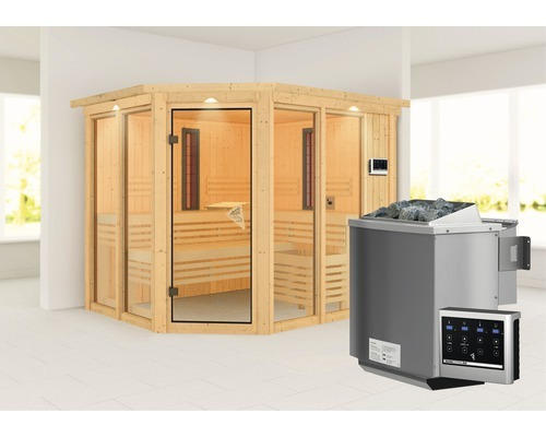 Elementsauna Karibu Avara inkl .9 kW Bio Ofen u.ext.Steuerung mit Dachkranz und bronzierter Ganzglastüre