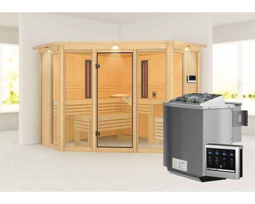 Elementsauna Karibu Astaria inkl. 9 kW Bio Ofen u.ext.Steuerung mit Dachkraz und bronzierter Ganzglastüre