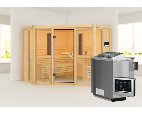 Elementsauna Karibu Astaria inkl. 9 kW Bio Ofen u.ext.Steuerung ohne Dachkranz mit bronzierter Ganzglastüre