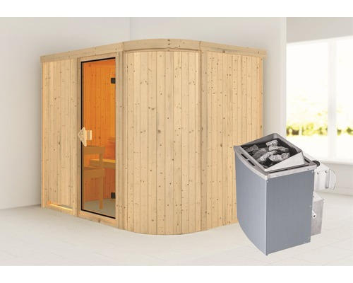 Elementsauna Karibu Korall IV ink. 9 kW Ofen u.integr.Steuerung ohne Dachkranz mit bronzierter Ganzglastüre