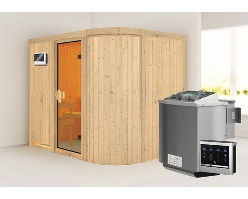 Elementsauna Karibu Korall IV ink. 9 kW Bio Ofen u.ext.Steuerung ohne Dachkranz mit bronzierter Ganzglastüre