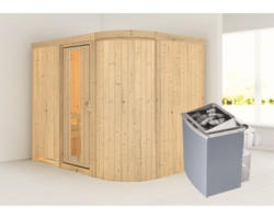 Elementsauna Karibu Korall IV inkl. 9 kW Ofen u.integr.Steuerung ohne Dachkranz mit Holztüre und Isolierglas wärmegedämmt