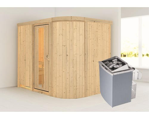 Elementsauna Karibu Korall IV inkl. 9 kW Ofen u.integr.Steuerung ohne Dachkranz mit Holztüre und Isolierglas wärmegedämmt