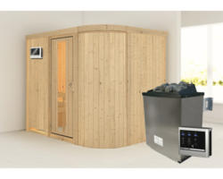 Elementsauna Karibu Korall IV inkl. 9 kW Ofen u.ext.Steuerung ohne Dachkranz mit Holztüre und Isolierglas wärmegedämmt