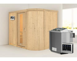 Elementsauna Karibu Korall IV inkl. 9 kW Bio Ofen u.ext.Steuerung ohne Dachkranz mit Holztüre und Isolierglas wärmegedämmt