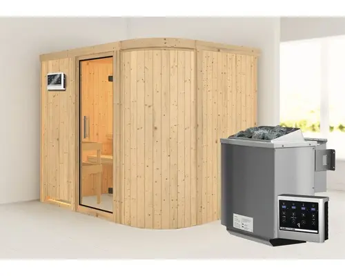 Elementsauna Karibu Korall IV inkl. 9 kW Bio Ofen u.ext.Steuerung ohne Dachkranz mit Ganzglastüre aus Klarglas