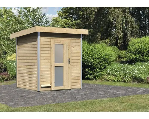 Saunahaus Karibu Opal 1 ohne Ofen mit Holztüre und Milchglas