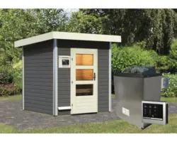 Saunahaus Karibu Opal 2 inkl.9 kW Ofen u.ext.Steuerung mit Holztüre und Klarglas terragrau/weiß