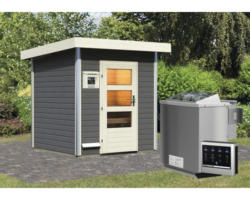 Saunahaus Karibu Opal 2 inkl.9 kW Bio Ofen u.ext.Steuerung mit Holztüre und Klarglas terragrau/weiß