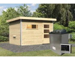 Saunahaus Karibu Topas 1 inkl.9 kW Ofen u.ext.Steuerung mit Vorraum und Fenster mit Holztüre und Klarglas
