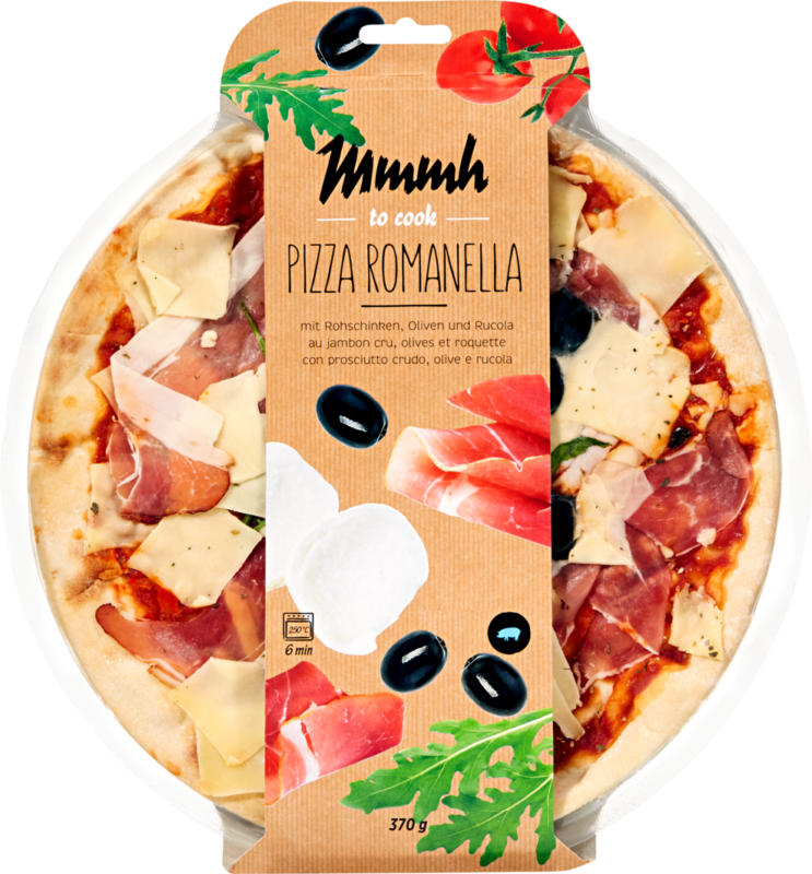 Pizza Romanella Mmmh , con prosciutto crudo, olive e rucola, 370 g