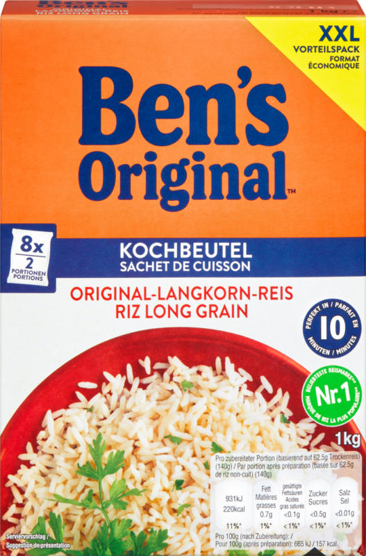 Riz long grain Ben’s Original, 10 minutes, 8 sachets-cuisson de 125 g, 1 kg