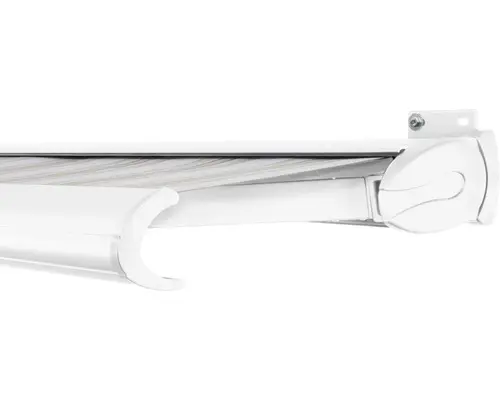 SOLUNA Kassettenmarkise Exclusiv 4,5x1,5 Stoff Dessin 6287 Gestell RAL 9016 verkehrsweiß Antrieb rechts inkl. Motor und Wandschalter