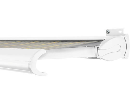 SOLUNA Kassettenmarkise Exclusiv 4x2,5 Stoff Dessin 320477 Gestell RAL 9016 verkehrsweiß Antrieb rechts inkl. Motor und Wandschalter