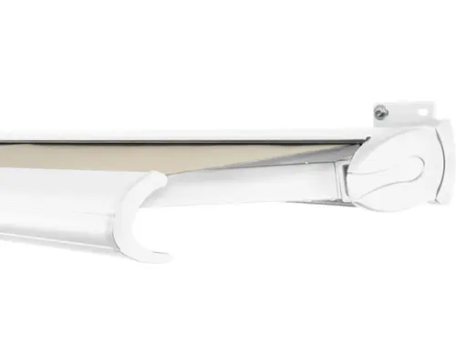 SOLUNA Kassettenmarkise Exclusiv 4,5x2,5 Stoff Dessin 320930 Gestell RAL 9016 verkehrsweiß Antrieb rechts inkl. Motor und Wandschalter