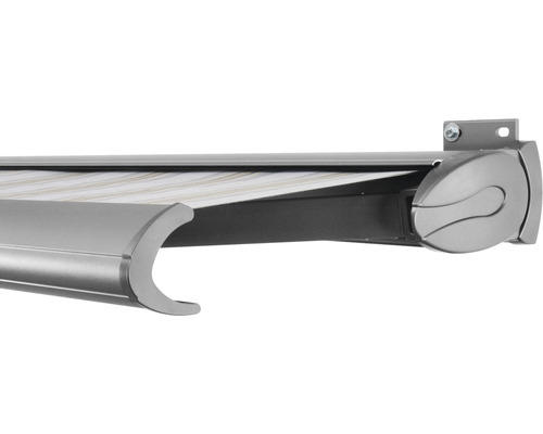 SOLUNA Kassettenmarkise Exclusiv 6x2,5 Stoff Dessin 6287 Gestell Silber E6EV1 eloxiert Antrieb rechts inkl. Motor und Wandschalter