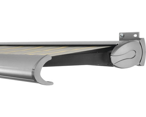 SOLUNA Kassettenmarkise Exclusiv 6x2,5 Stoff Dessin 320477 Gestell Silber E6EV1 eloxiert Antrieb rechts inkl. Motor und Wandschalter