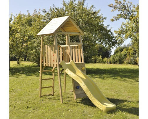 Spielturm Falke Holz mit Kletterwand und Rutsche gelb