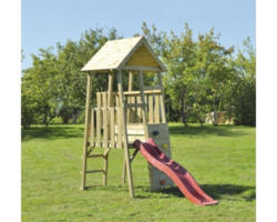 Spielturm Hase Holz mit Kletterwand und Rutsche rot