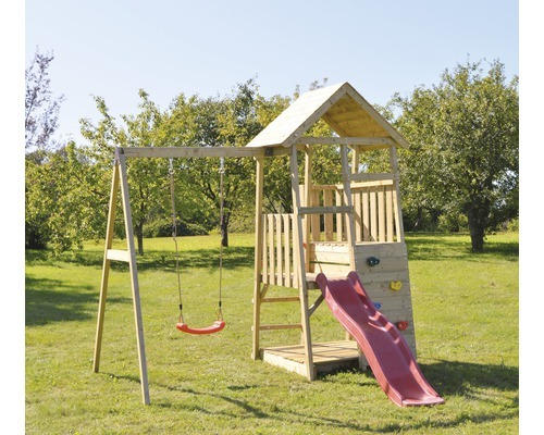 Spielturm Panda Holz mit Kletterwand, Schaukel, Sandkasten und Rutsche rot