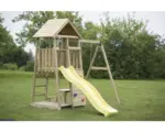 Hornbach Spielturm Pelikan Holz mit Kletterwand, Schaukel, Sandkasten, Sitzbank und Rutsche gelb